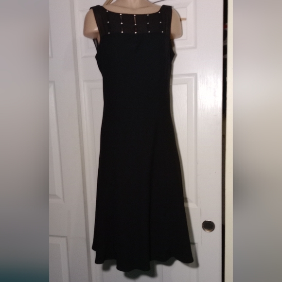 RENA ROWAN BLACK DRESS NECKLINE WITH RHINESTONES, SCOOP NECK BACK, SIZE 12 - Picture 1 of 9